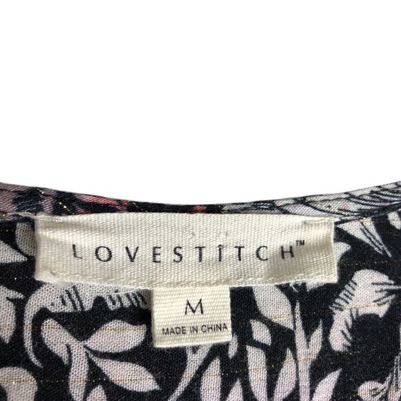 Love Stitch Top Women M Black Floral Metallic Wrap Cross Over Bell Sleeve Boho - Picture 3 of 16
